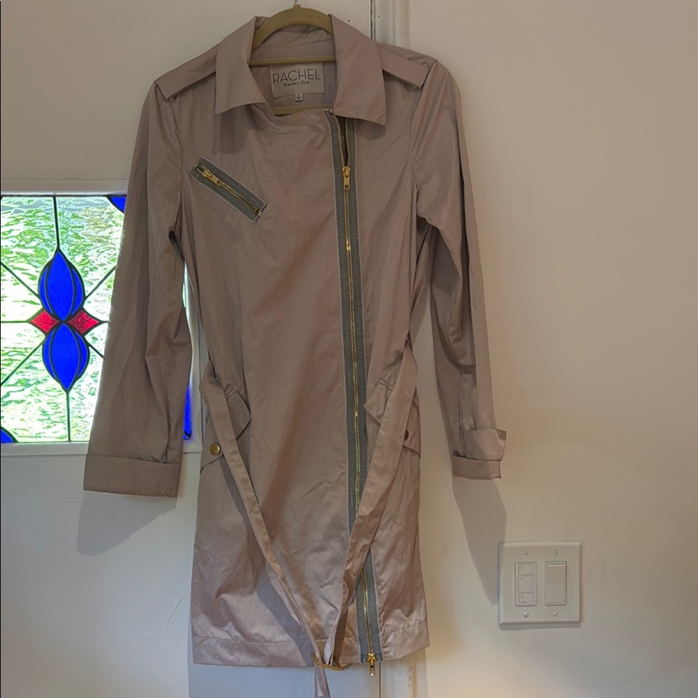 Rachel Roy Women's Tan cream rain coat style zipper Jacket with belt & pockets